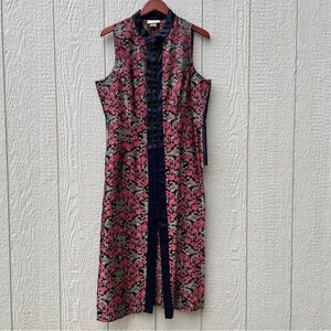 Cache Duster Long Vest womens M? Red Black Asian Inspired Dragon Flower Vintage